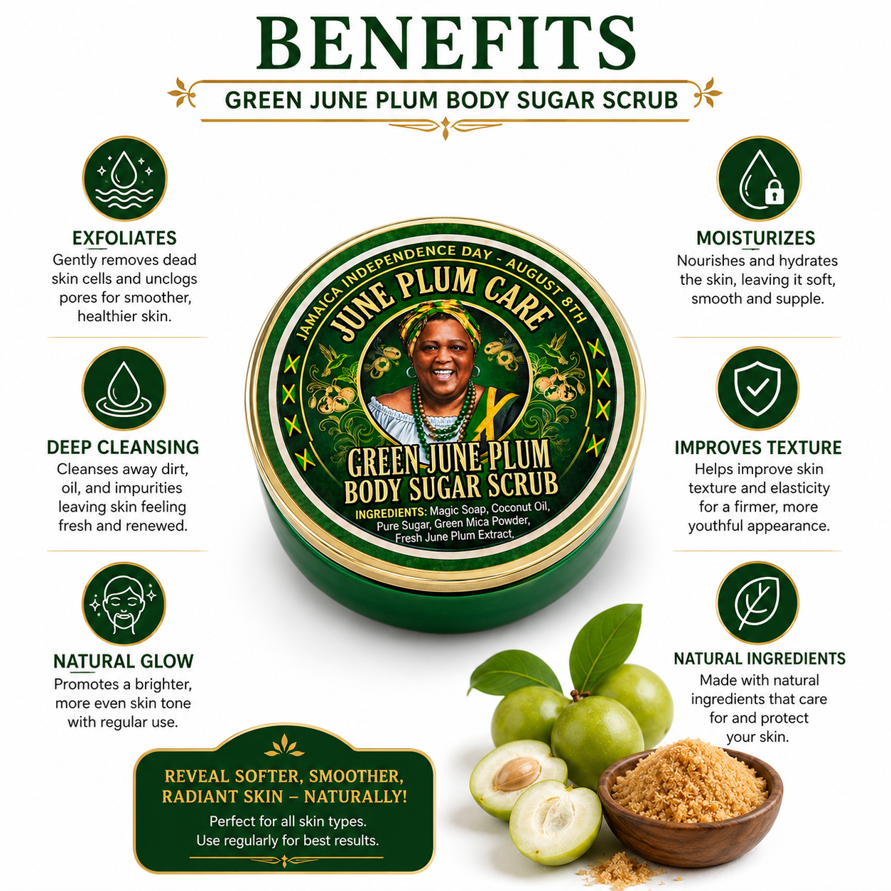 Green June Plum Body Sugar Scrub – Jamaican Exfoliating Scrub with Coconut Oil