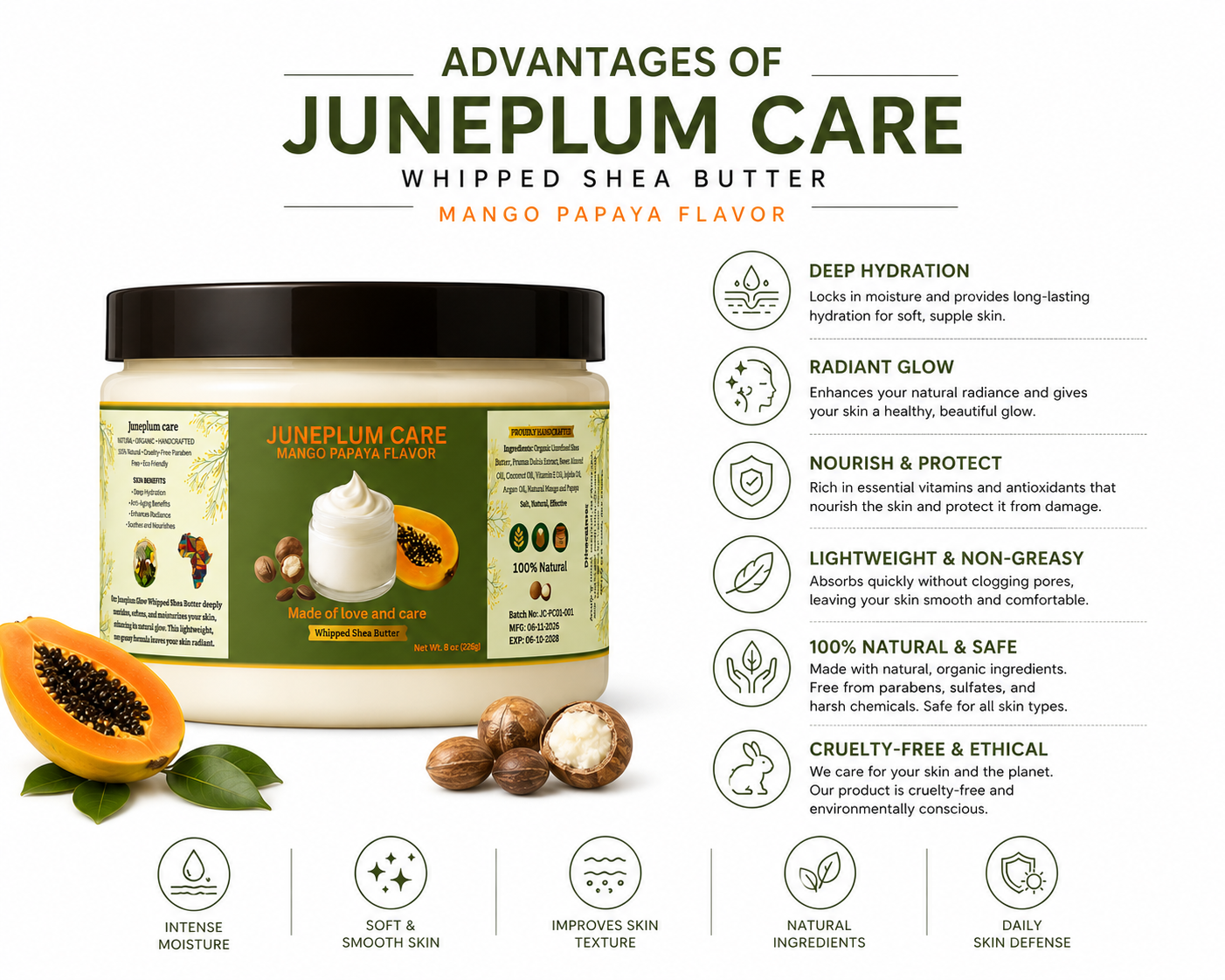 Juneplum Care Whipped Mango Papaya Shea butter, Nourishes & Moisturizes Made with Shea Butter No Dyes & Parabens