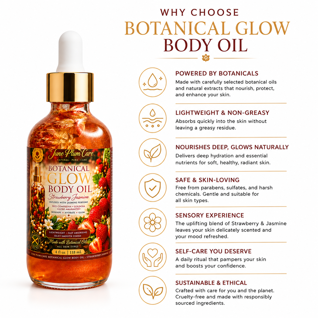 Strawberry Jasmine Body Oil – Botanical Glow Natural Skin Oil, 4 fl oz