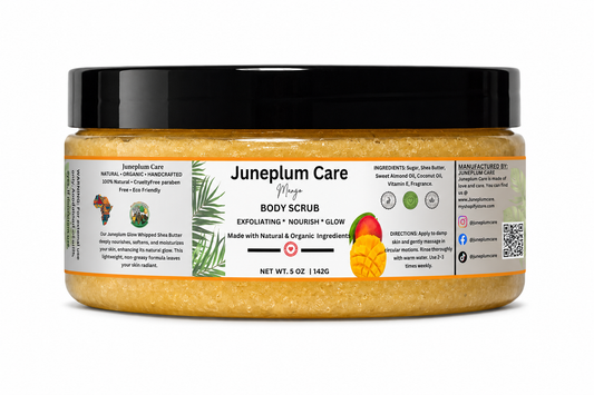 Juneplum Care Mango Body Scrub, Exfoliating & Hydrating Sugar Scrub with Shea Butter & Essential Oils, Smooth Skin, Body Exfoliator For All Skin Types, Self Care Gifts for Women, Vegan, 8 Oz