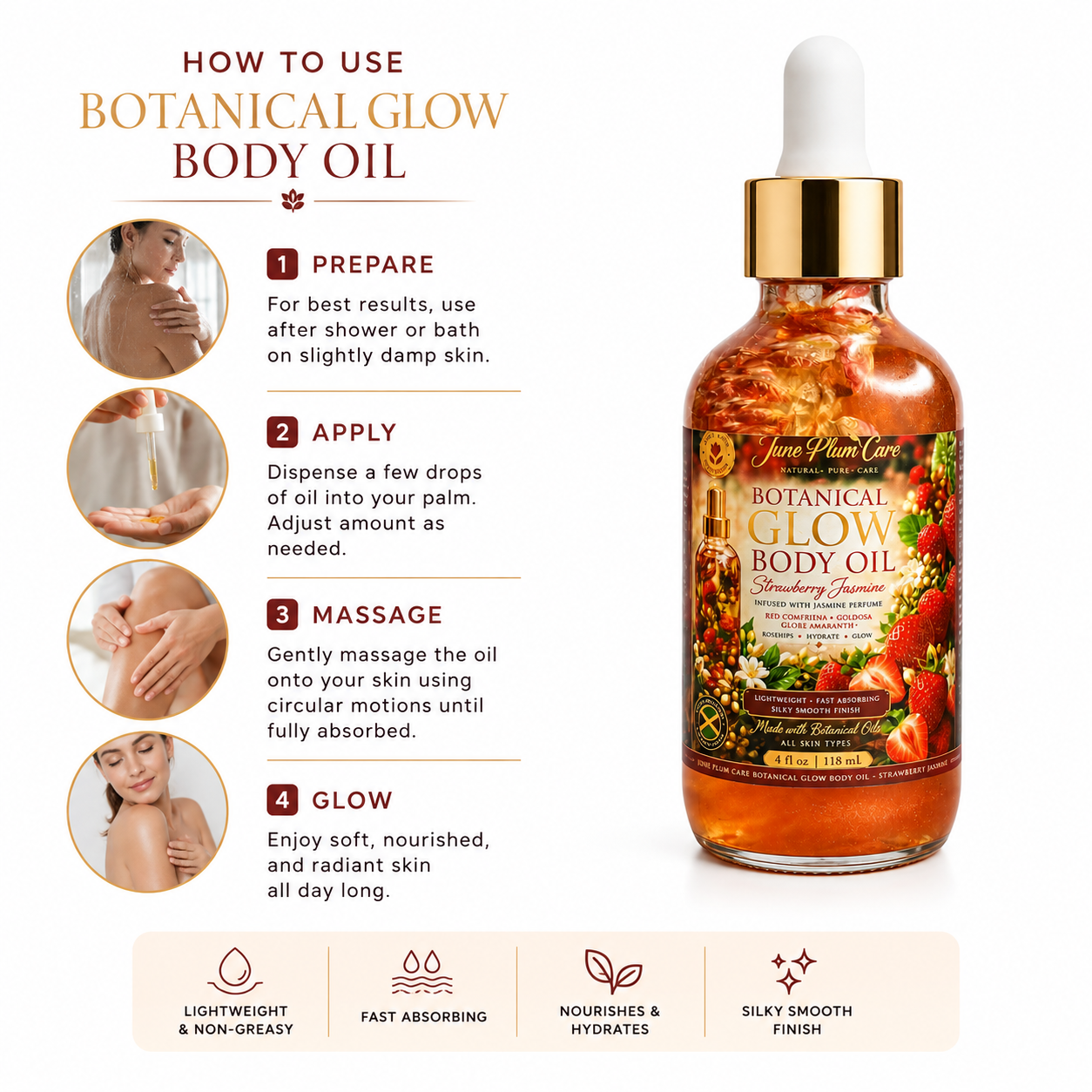 Strawberry Jasmine Body Oil – Botanical Glow Natural Skin Oil, 4 fl oz