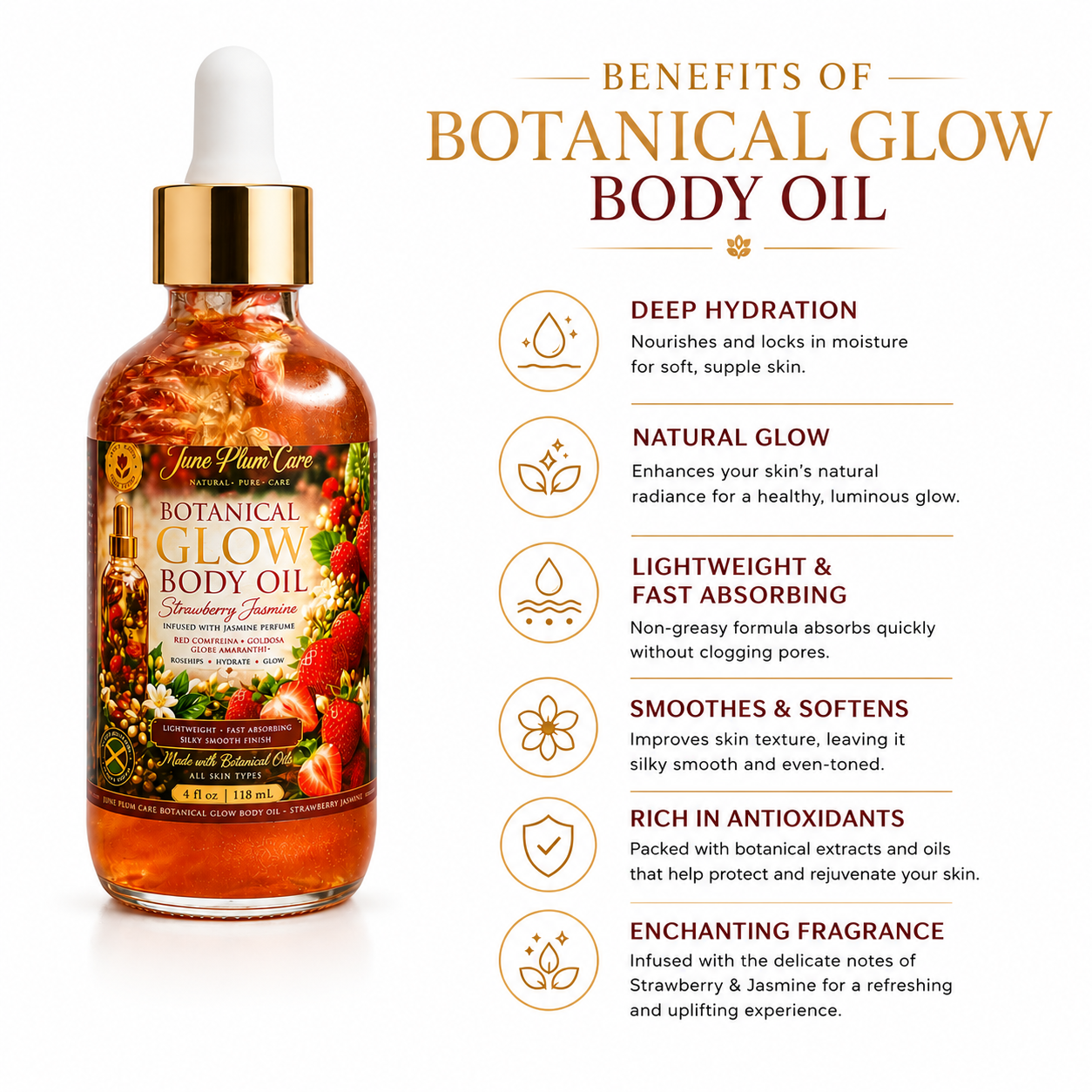 Strawberry Jasmine Body Oil – Botanical Glow Natural Skin Oil, 4 fl oz