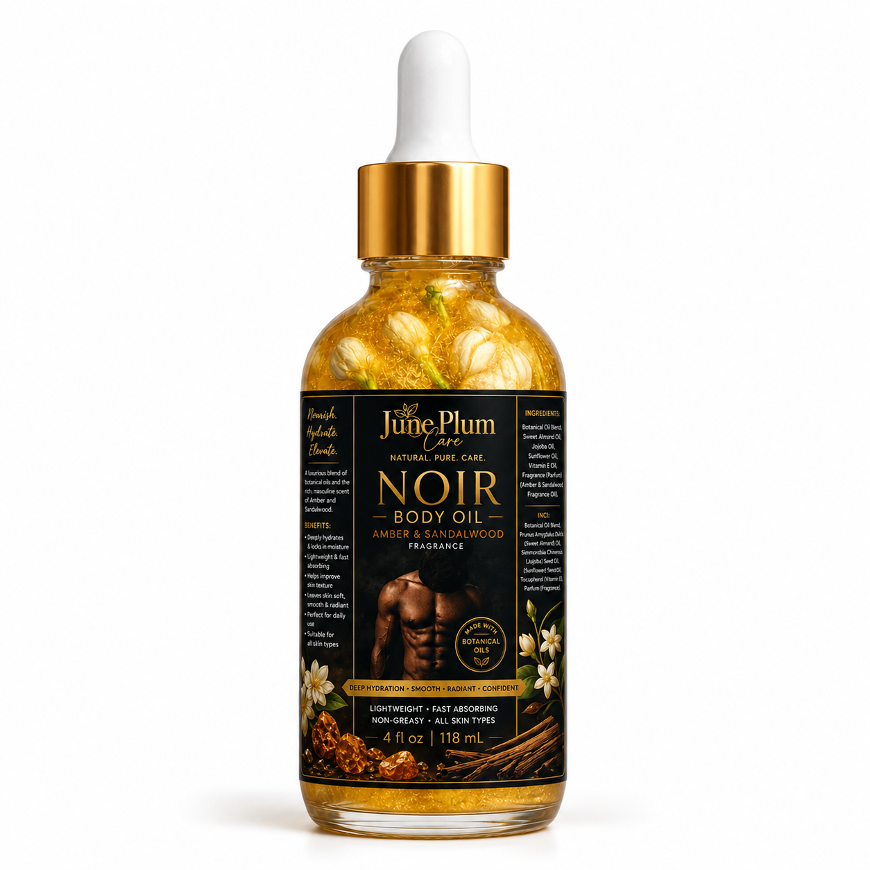 Noir Body Oil – Amber & Sandalwood, Lightweight Hydrating Body Oil